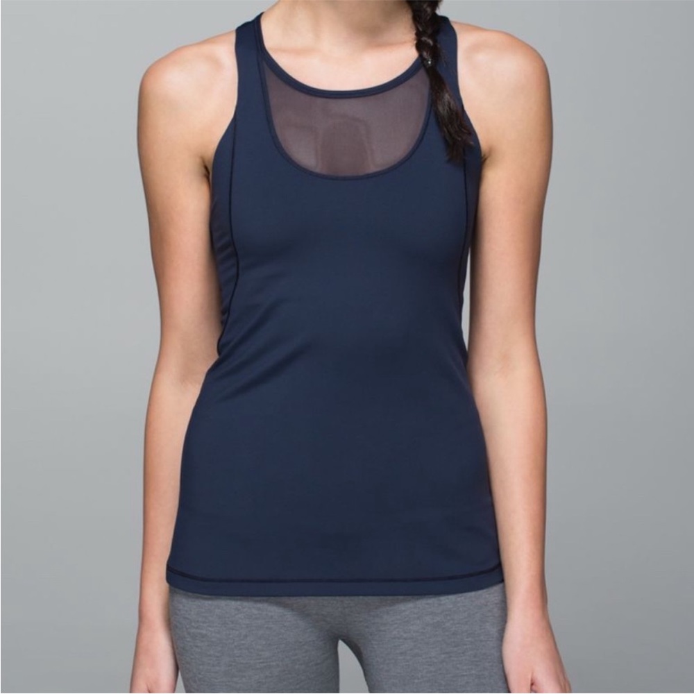 Lululemon Mesh With Me Tank Workout Tank Top Navy Inkwell Blue Shelf Bra Sport